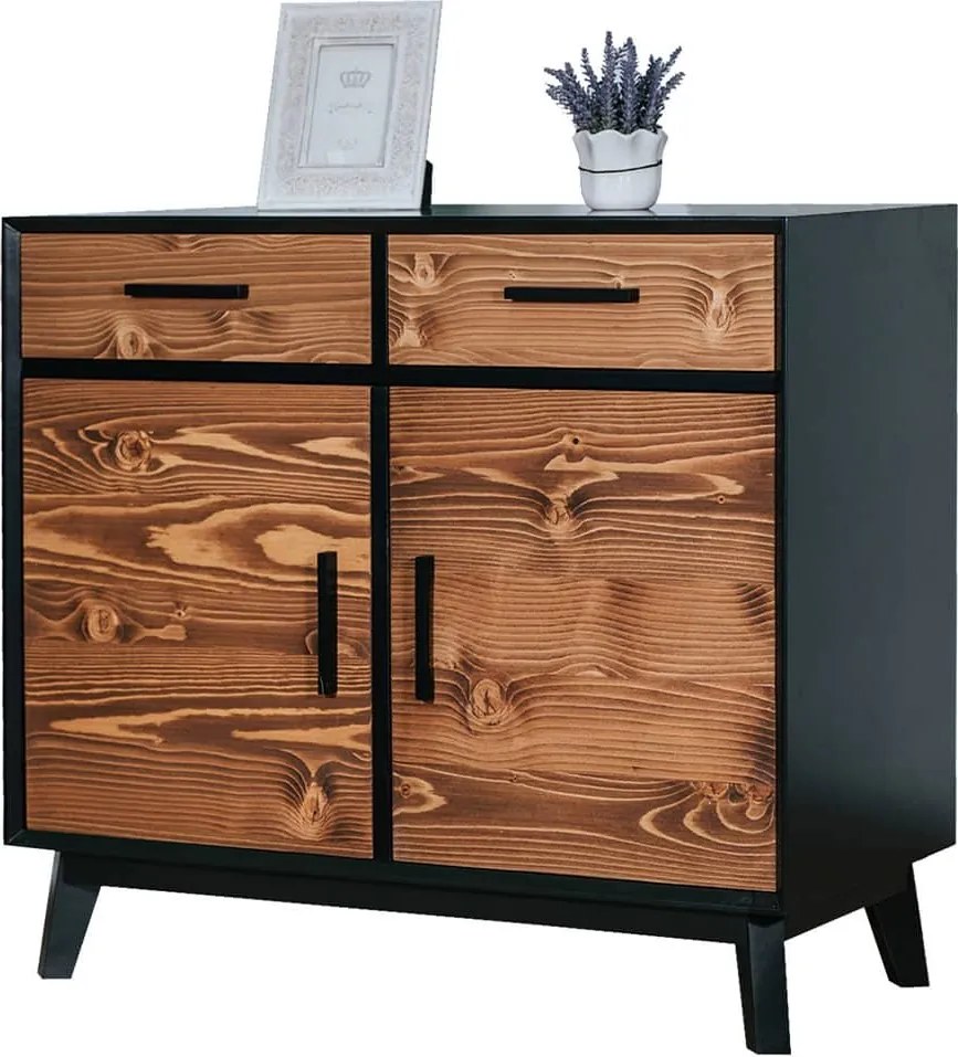 Bufet lemn masiv Timeless 2 Sertare 2 Uși Negru, 98 × 45 × 85 cm