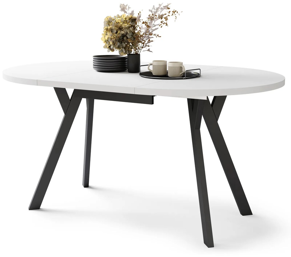 Mazzoni ALMO Alb Mat/picioare negre - MASĂ ROTUNDĂ EXTENSIBILĂ CU PICIOARE ÎN FORMĂ DE Y STIL LOFT PENTRU SALON/SUFRAGERIE