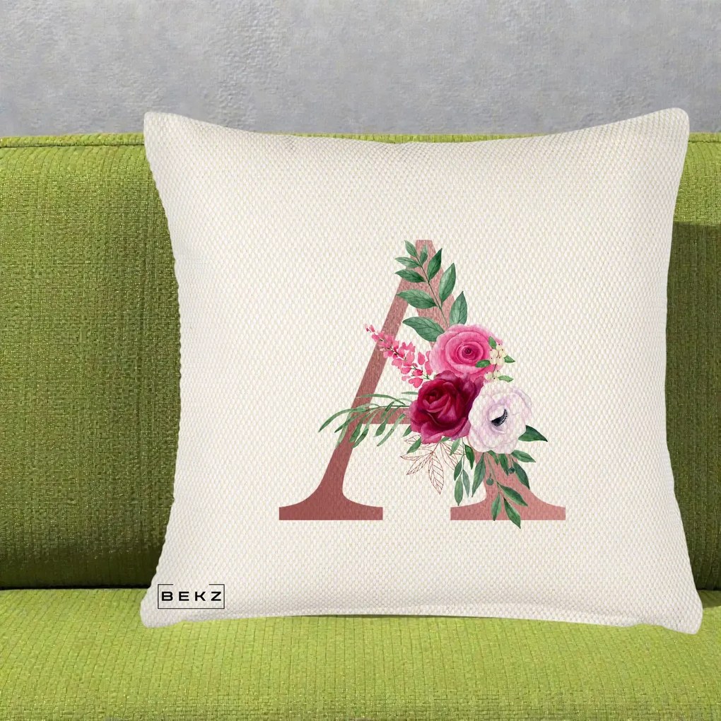 Cadou Personalizat - Perna Personalizata Monograma Rose Gold Litera A, 40x40 cm, Crem Reliefat, Husa Detasabila, Perna Inclusa, BEKZ®