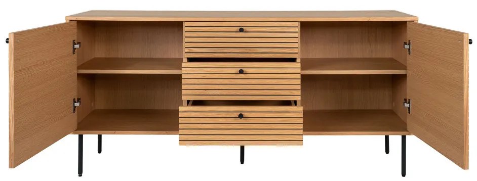 Comodă Kyoto cu 3 sertare, 2 uși, furnir de stejar, natural, picioare din metal negru, 150x40x74 cm