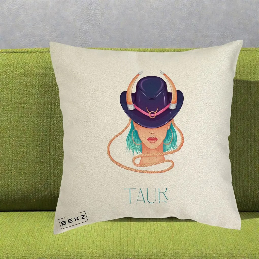 Perna Personalizata Zodie Taur, 40x40 cm, Ecru, Husa Detasabila, Perna Inclusa, BEKZ®