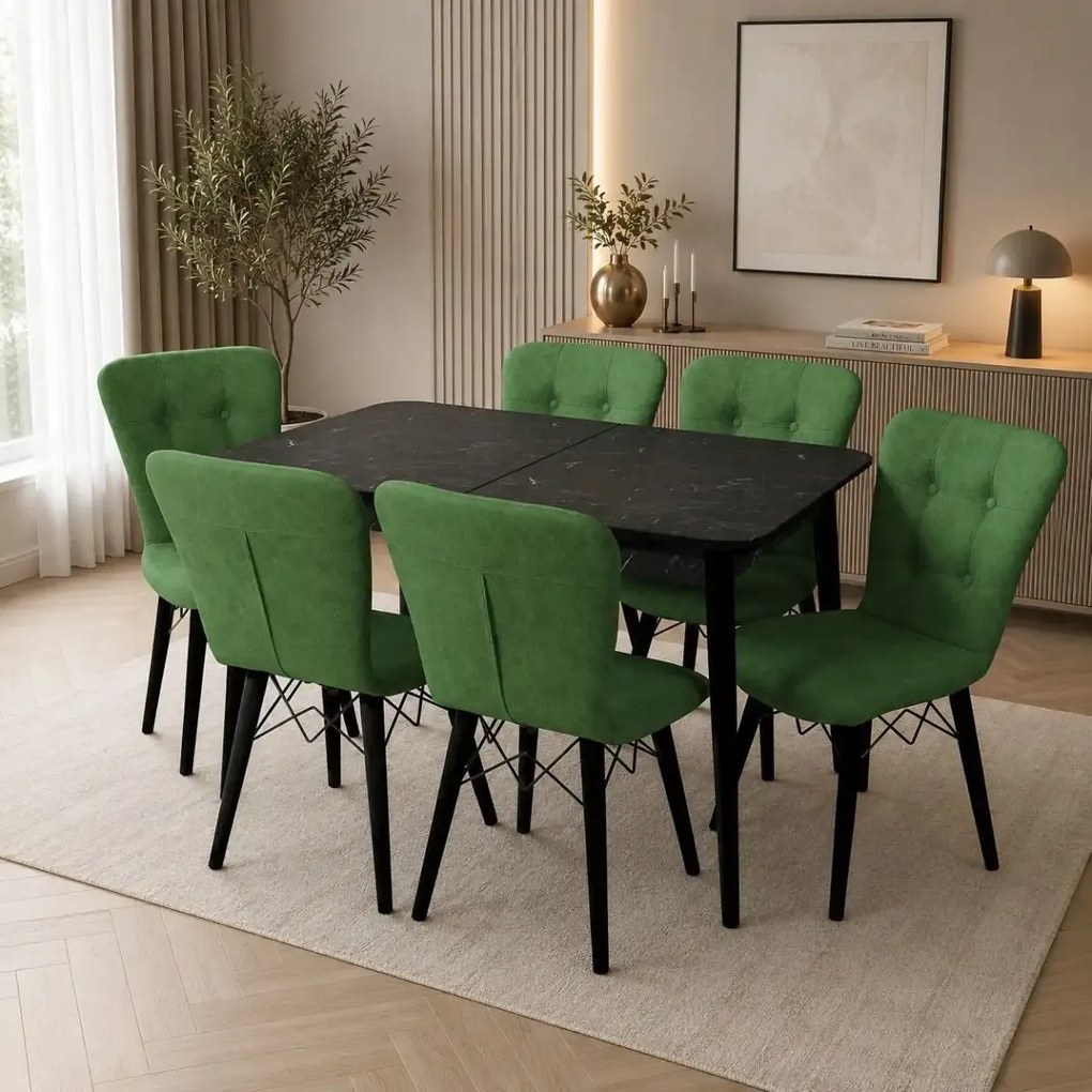 Set masa extensibila cu 6 scaune tapitate Homs cristal  negru-verde 170 x 80 cm