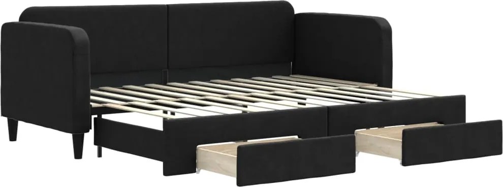 vidaXL Pat de zi cu extensie și sertare, negru, 80x200 cm, textil