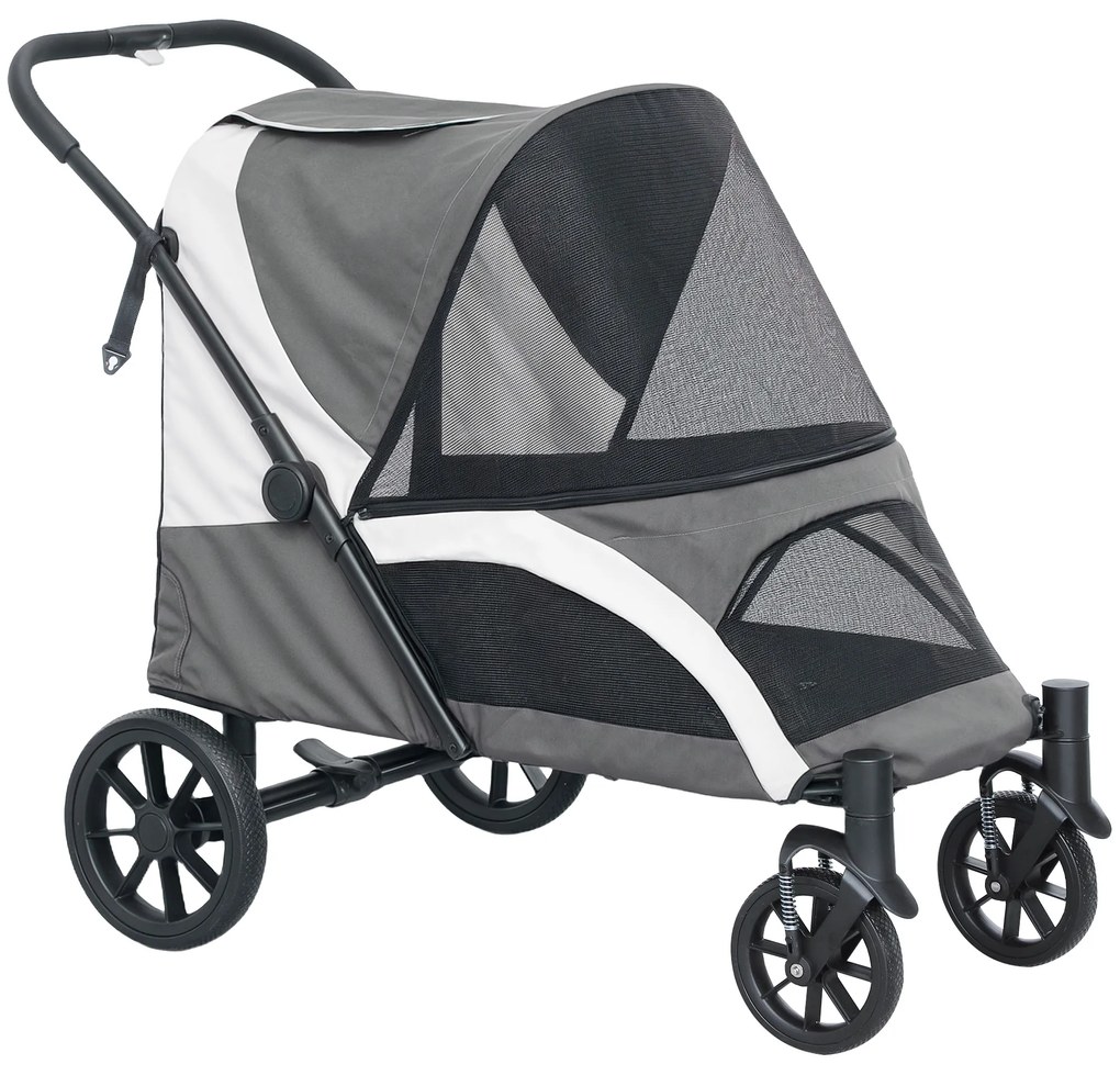 PawHut Carucior pentru câini, Carucior pliabil pentru câini mari, Carucior pentru animale de companie cu 4 roți, Liniile de siguranță, Frâne, Gri întunecat | Aosom Romania