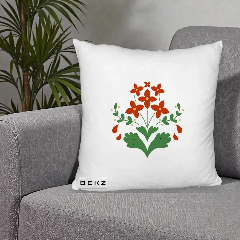 Perna Decorativa Buchet Floral Folk Rosu-Verde, 40x40 cm, Alb Pufos, Husa Detasabila, Perna Inclusa, BEKZ®