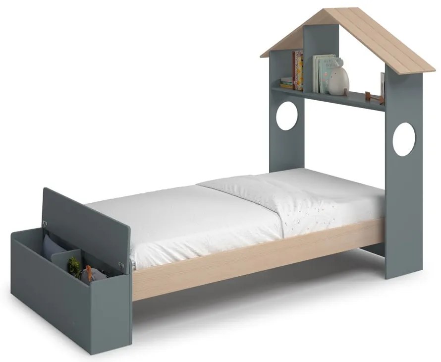 Pat pentru copii în culoare naturală/verde prăfuit de tip casă cu aspect de lemn de pin cu spațiu de depozitare cu somieră 90x190 cm Odessa – Marckeric