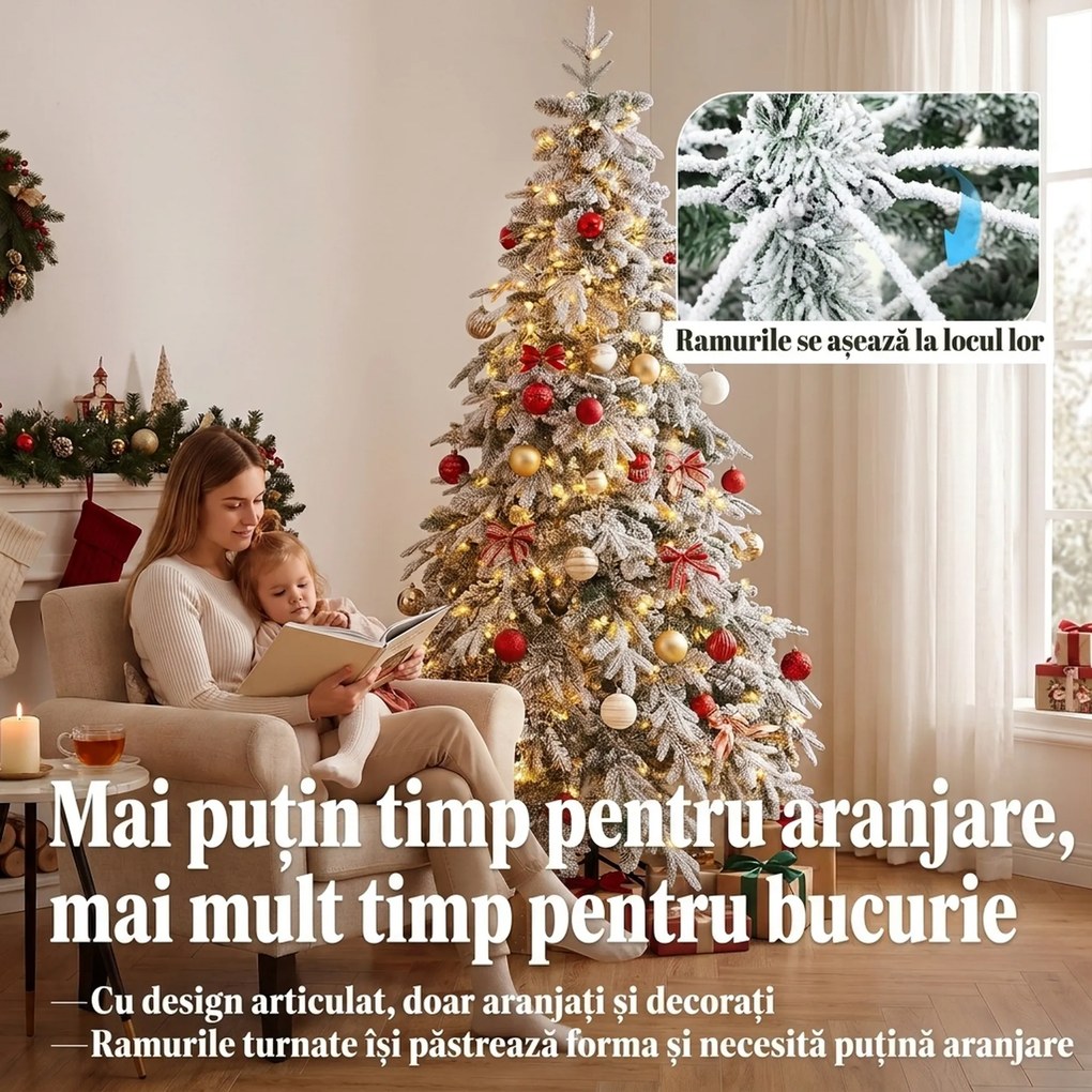 HOMCOM Brad de Crăciun Înzăpezit 210 cm cu 450 de Lumini LED Alb Cald, Timer, Telecomandă, 8 Modalități, 1080 de Ramuri Ignifuge | Aosom Romania