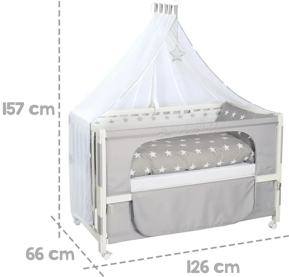 Pătuț alb cu roți și baldachin 60x120 cm Little stars – Roba