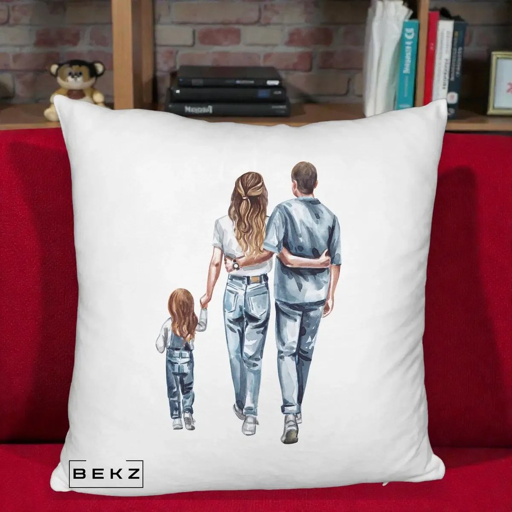 Cadou pentru Familie - Perna Personalizata Familie Acuarela Jeans, 40x40 cm, Alb Pufos, Husa Detasabila, Perna Inclusa, BEKZ®