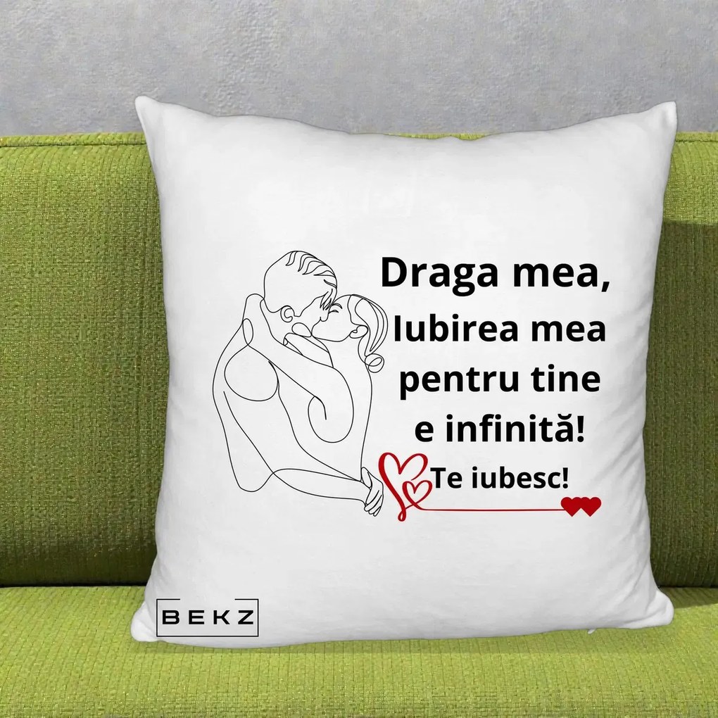 Cadou pentru Iubita - Perna Personalizata Draga Mea Iubirea Mea pentru Tine e Infinita Te Iubesc, 40x40 cm, Alb Pufos, Husa Detasabila, Perna Inclusa, BEKZ®