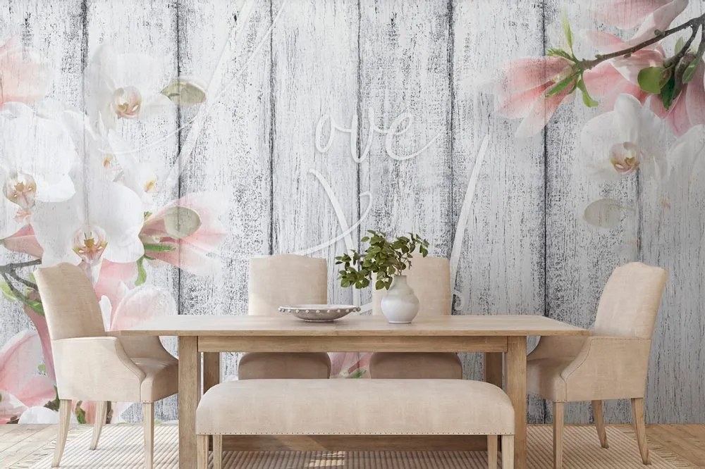 Tapet orhidee vintage cu inscripție - Love begins at home