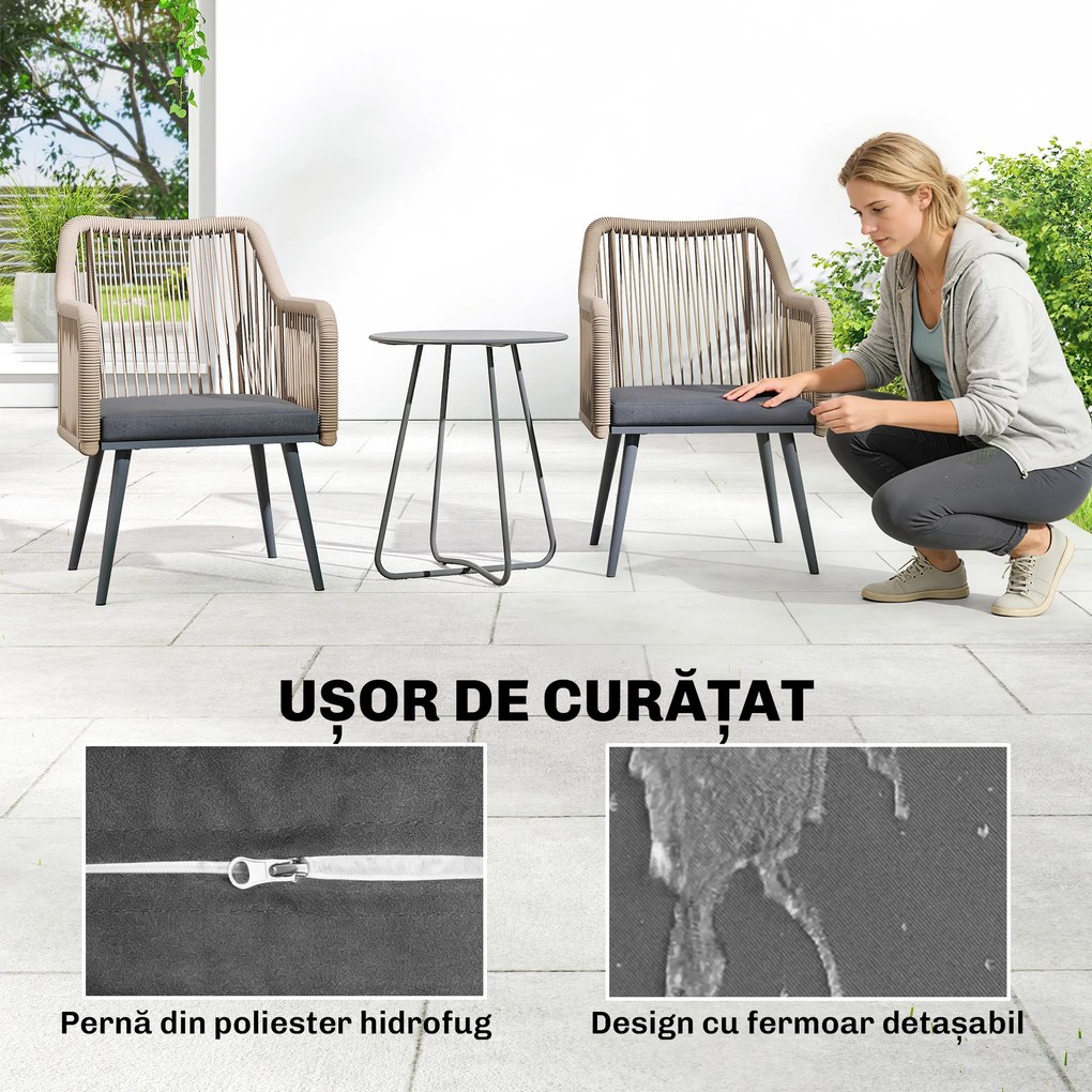Outsunny Set 2 Scaune de Grădină din Ratan PE cu Perne Moi Lavabile și Brațe, Scaune pentru Dining Exterior din Oțel, pentru Terasă, Balcon, Grădină, Exterior, 54x65x80cm, Gri Închis | Aosom Romania