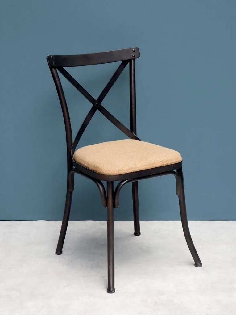 Scaun dining din metal și textil, bej, cu spătar în X și șezut tapițat, 83,5 x 46,5 x 44 cm, „Lorraine”