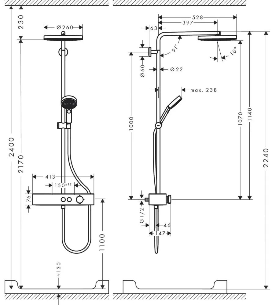 Set de dus cu termostat, diametru 26 cm, 3 jeturi, EcoSmart, crom