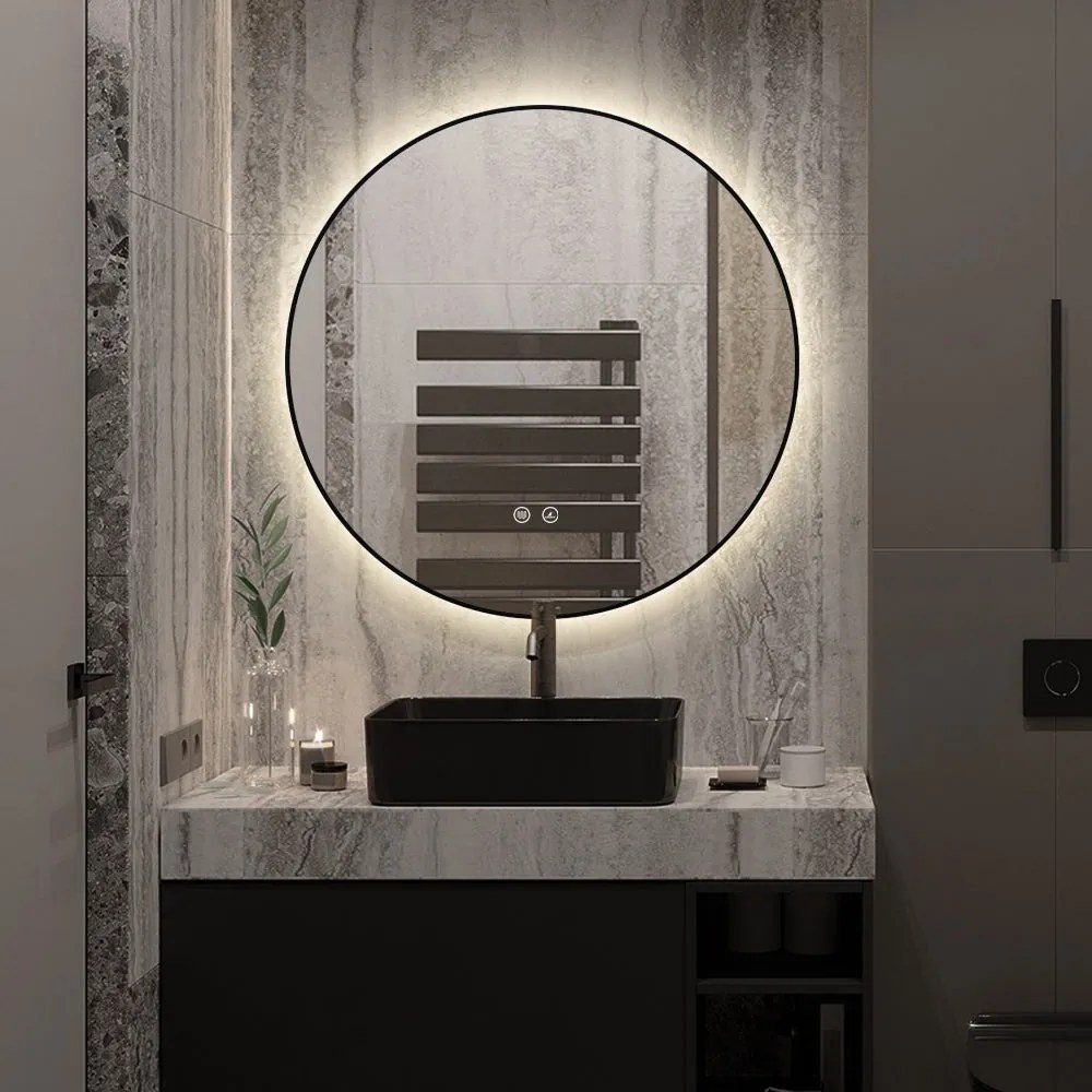 🪞 Oglindă LED cu Touch, Funcție Dezaburire și 3 Tipuri de Lumină – Model J188-60 Smack, Ø60 cm, Ramă Negru Mat