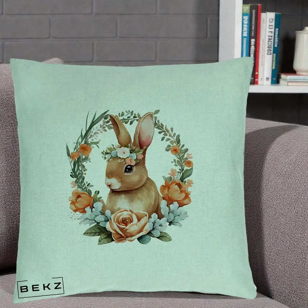 Perna Decorativa Iepuras Floral Coronita Acuarela, 40x40 cm, Verde Menta, Husa Detasabila, Perna Inclusa, BEKZ®
