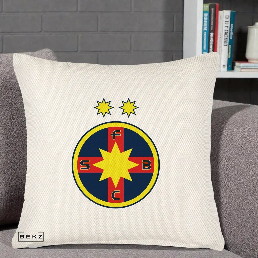 Perna Personalizata FCSB Fotbal Club Steaua Bucuresti, 40x40 cm, Crem Reliefat, Husa Detasabila, Perna Inclusa, BEKZ®