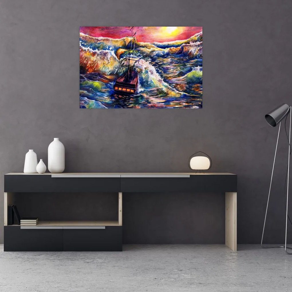 Tablou - Navă pe valurile oceanului, aquarelă (90x60 cm)