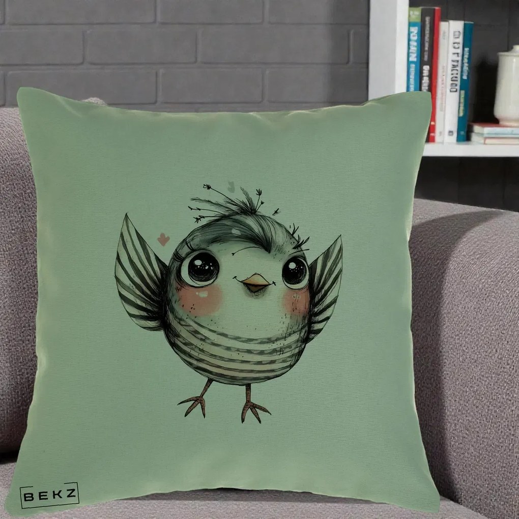 Perna Decorativa Pasare Gri cu Aripi si Inimioare, 40x40 cm, Verde, Husa Detasabila, Perna Inclusa, BEKZ®