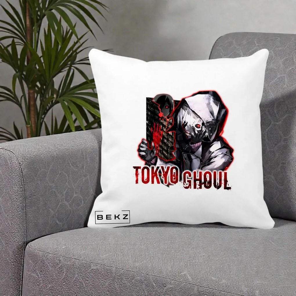 Perna Personalizata Tokyo Ghoul Ken Kaneki Anime, 40x40 cm, Alba Mata, Husa Detasabila, Perna Inclusa, BEKZ®