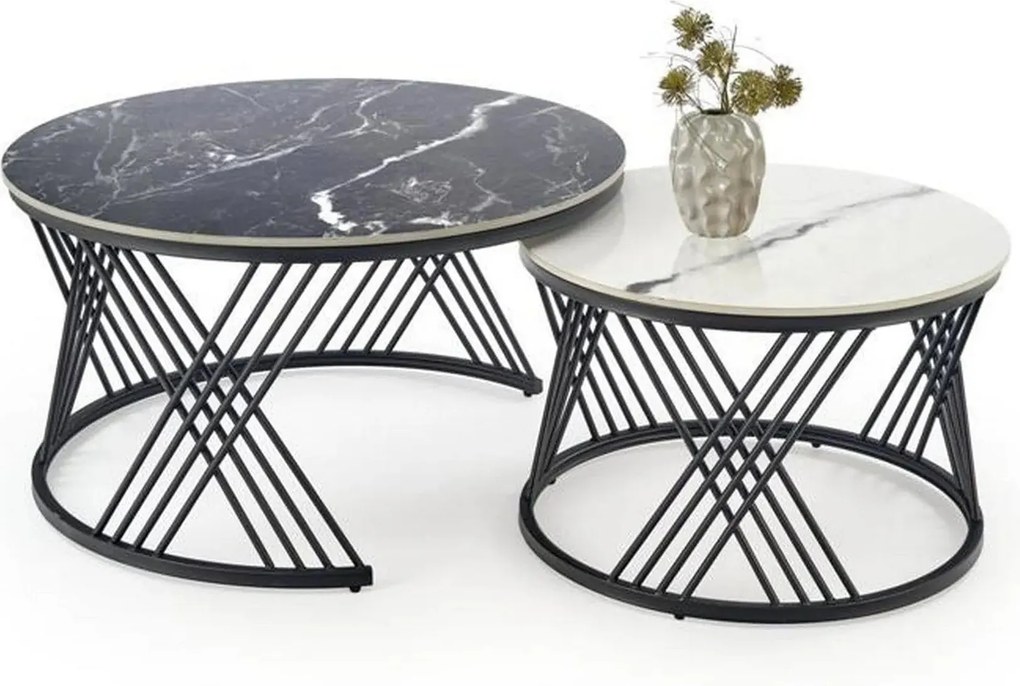 Set 2 masute cafea FLAMINGO, negru cu efect de marmura/alb cu efect de