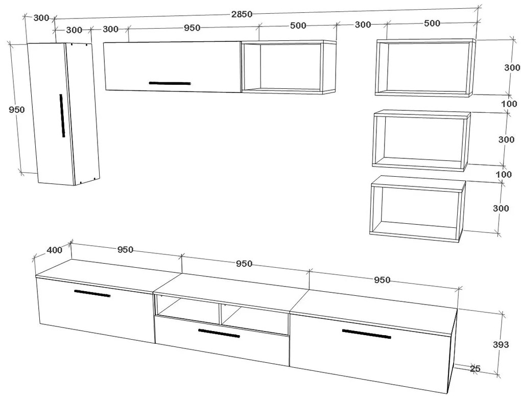 Living haaus V5, Negru/Alb Lucios, MDF, L 285 cm