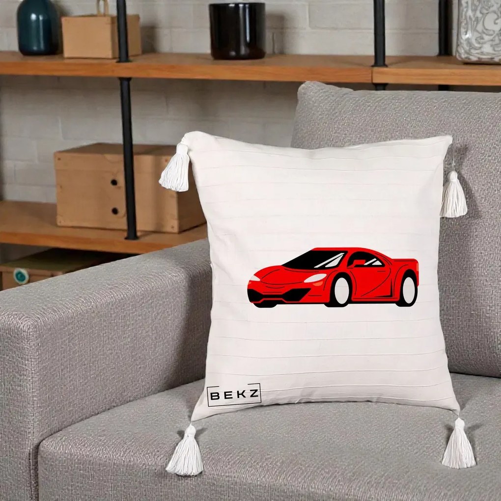 Perna Personalizata Masina Sport Rosie Grafic, 40x40 cm, Bej cu Franjuri, Husa Detasabila, Perna Inclusa, BEKZ®