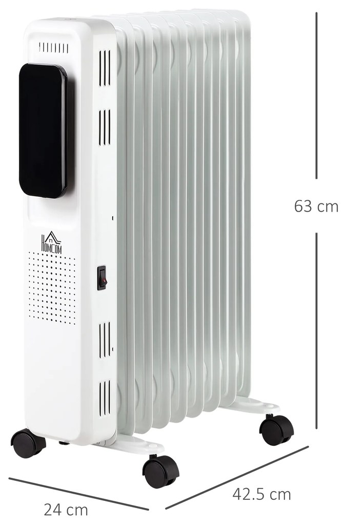 HOMCOM Radiator cu Ulei cu 9 Elementi, Temperatura Reglabila, 3 Nivele de Incalzire si Timer, 42.5x24x63cm, Alb | Aosom Romania