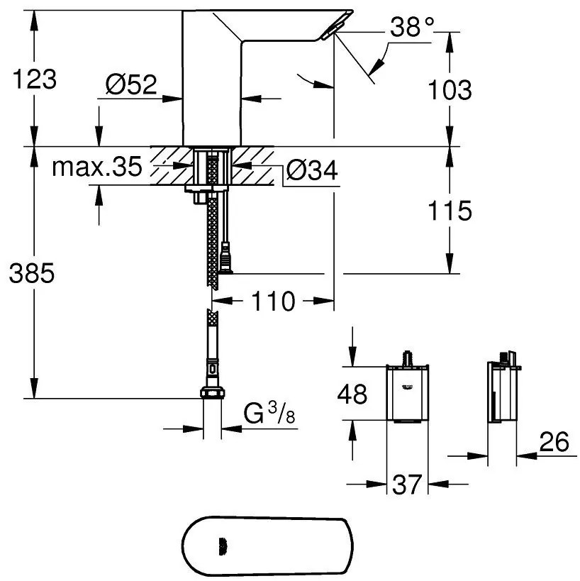 Grohe Bau Cosmopolitan E Baterie lavoar electronica fara mixare apa, alimentare baterii