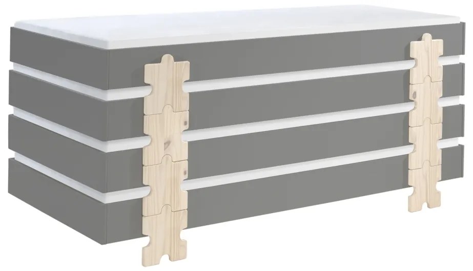 Set 4 paturi stivuibile pentru copii MODULO, gri, din MDF și pin masiv, cu somiere cu lamele incluse – Vipack