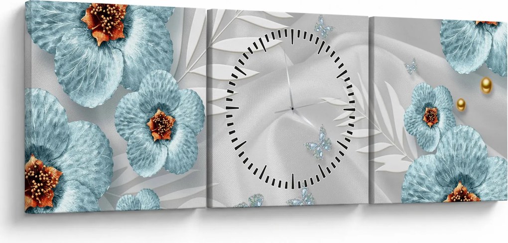 Tablou - 3D Flori albastre (cu ceas) (90x30 cm)