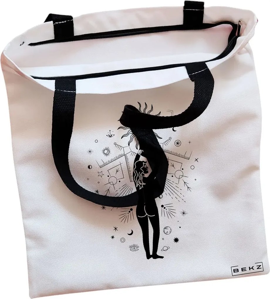 Sacosa de Panza pentru Cumparaturi, Geanta Tote, model Conexiune Solara, Cu fermoar, 38x34.5 cm, Alba, BEKZ®