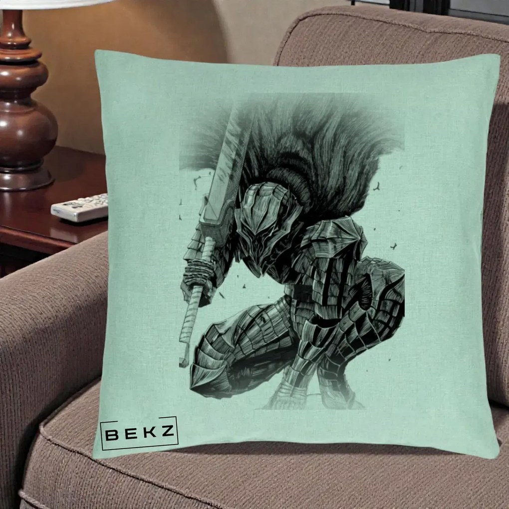 Perna Personalizata Berserk Guts Armor of Darkness Manga, 40x40 cm, Verde Menta, Husa Detasabila, Perna Inclusa, BEKZ®