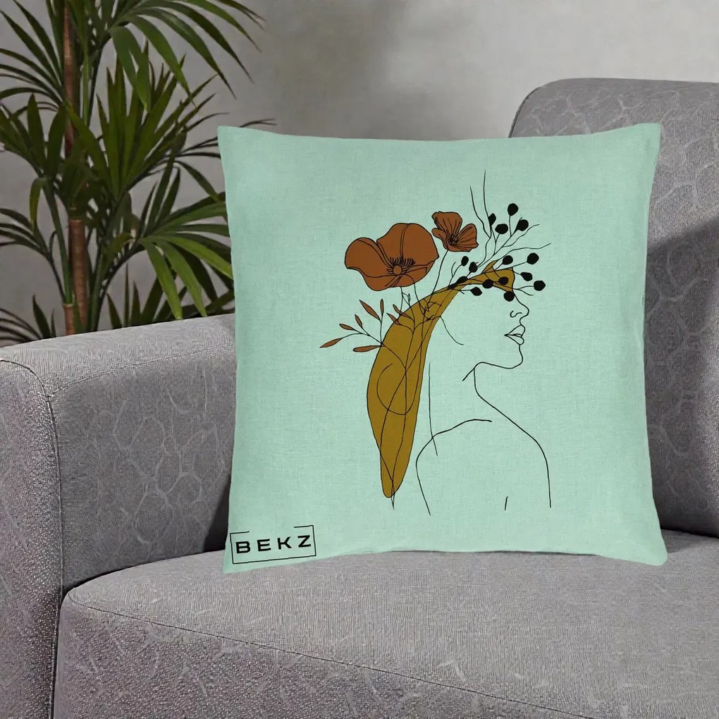Perna Decorativa Portret Feminin Maci Rosii Auriu, 40x40 cm, Verde Menta, Husa Detasabila, Perna Inclusa, BEKZ®