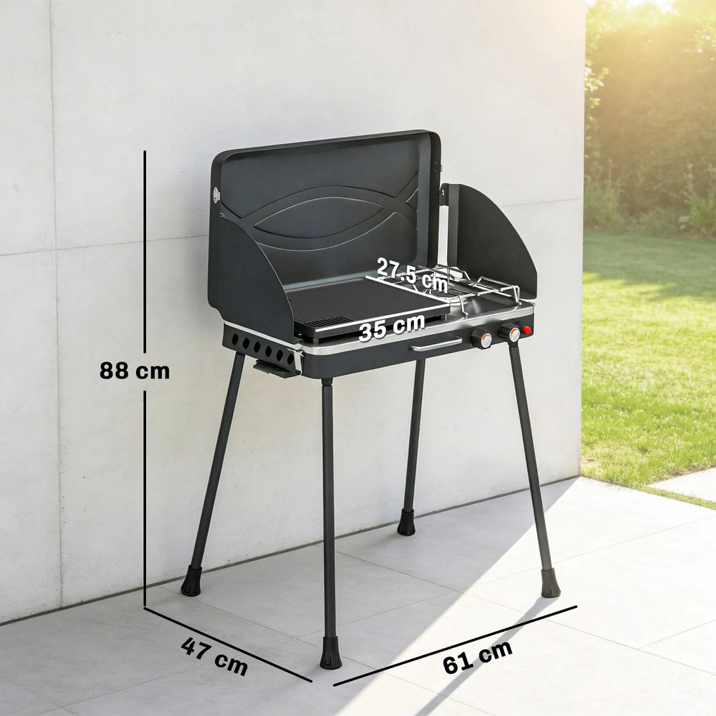 Outsunny 2-in-1 Portabil Grătar pe Gaz Propan, Grill și Aragaz, 7 kW, Negru | Aosom Romania