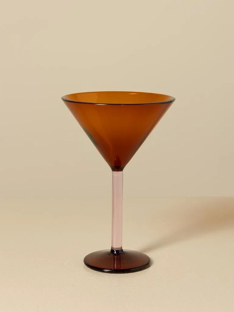 Pahar cocktail din sticlă borosilicată, camel cu picior roz deschis, 15 × 10 cm, „Twiggy"