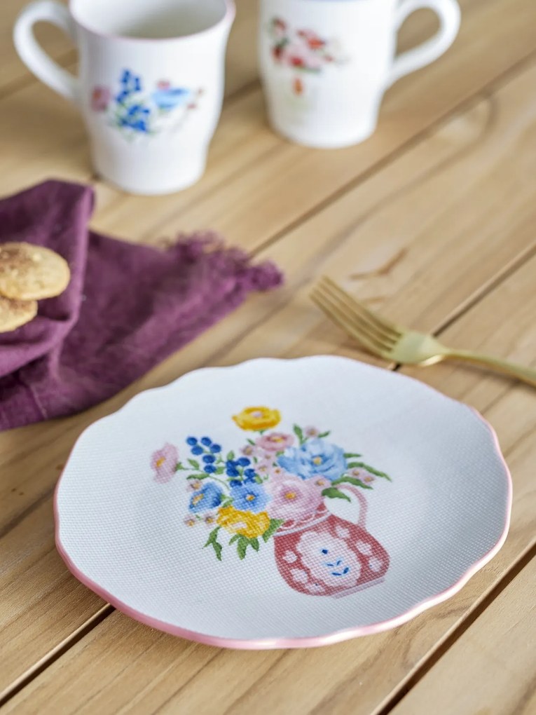 Farfurie din ceramică cu motive florale și margine roz pictată manual, 20×17×2 cm, „Dorothy"