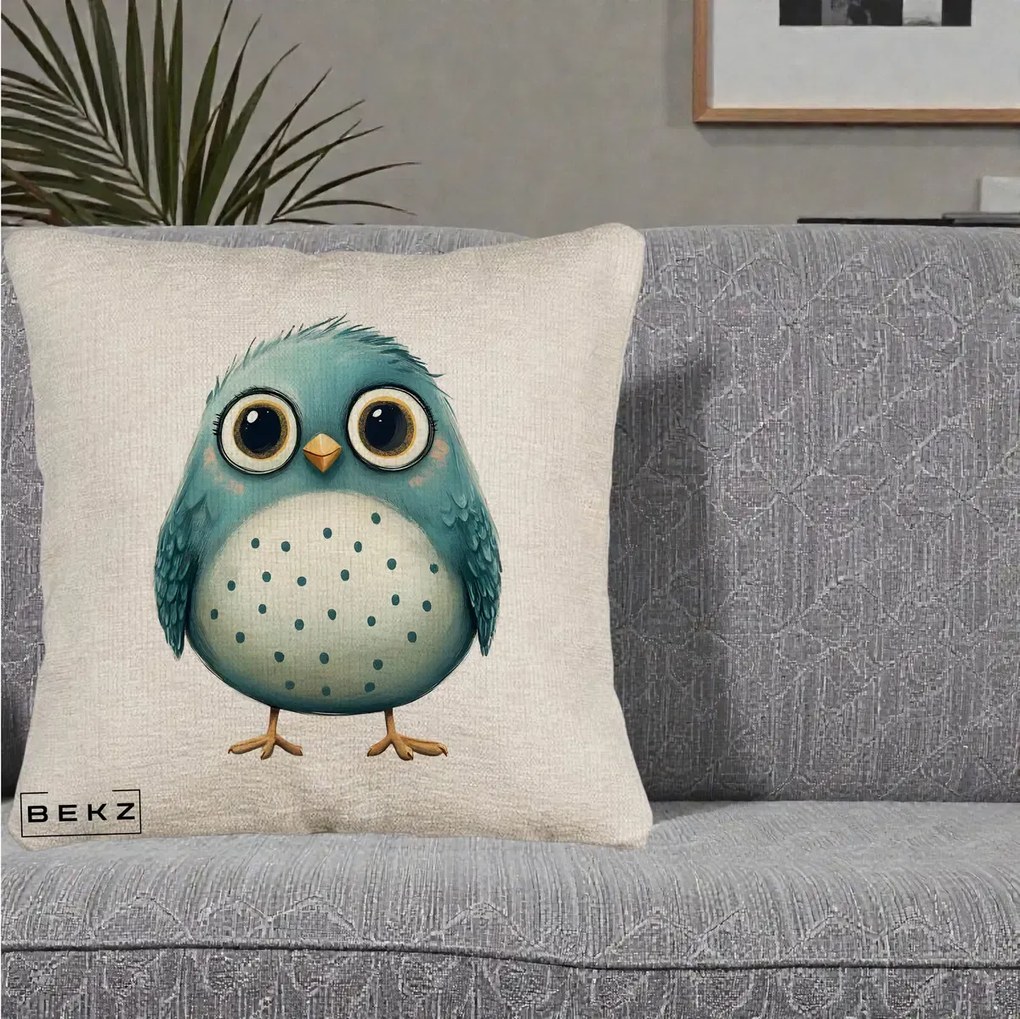 Perna Decorativa Pasare Teal cu Buline Teal, 40x40 cm, Bej Canapea, Husa Detasabila, Perna Inclusa, BEKZ®