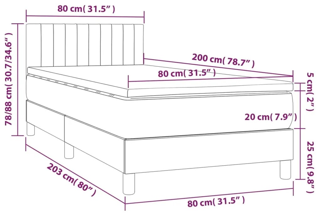 Pat box spring cu saltea, albastru, 80x200 cm, textil Albastru, 80 x 200 cm, Benzi verticale