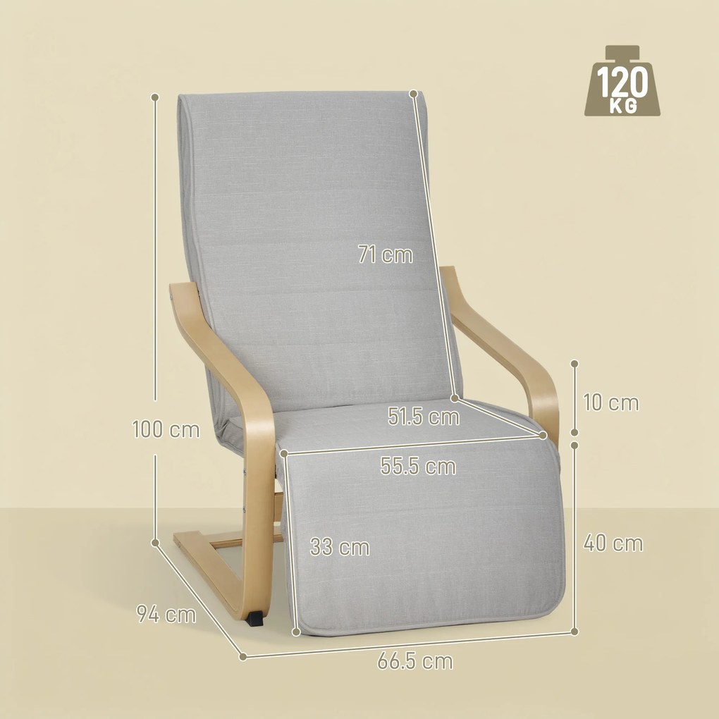 HOMCOM Fotoliu Dormitor Lemn de Mesteacăn și Material Textil cu Suport pentru Picioare Reglabil, Gri Deschis | Aosom Romania