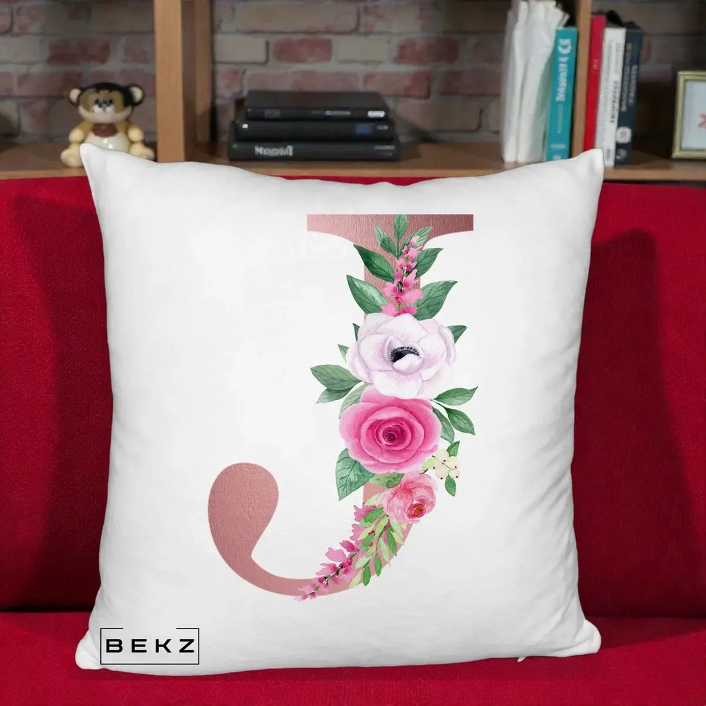 Cadou Personalizat - Perna Personalizata Monograma Rose Gold Litera J, 40x40 cm, Alb Pufos, Husa Detasabila, Perna Inclusa, BEKZ®
