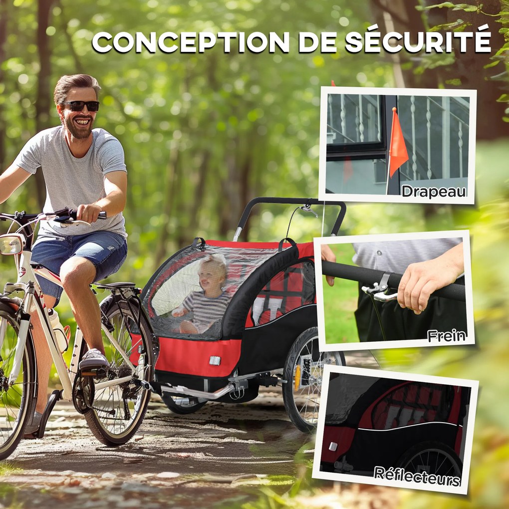 HOMCOM Remorcă bicicletă copii 2-în-1 cu centură de siguranță în 5 puncte, reflectoare, steguleț și perdea anti-vânt, roșu | Aosom Romania