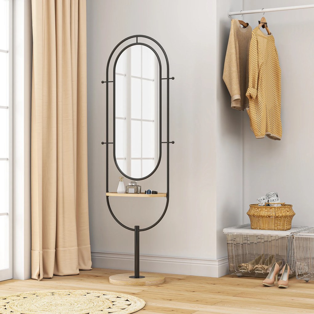 HOMCOM Oglindă de tip stand ovală cu suport de lemn, 4 cârlige și cadru metalic, 50 x 40 x 175,5 cm, negru | Aosom Romania