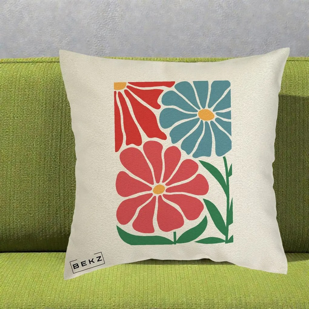 Perna Decorativa Flori Grafice Rosu-Albastru, 40x40 cm, Ecru, Husa Detasabila, Perna Inclusa, BEKZ®