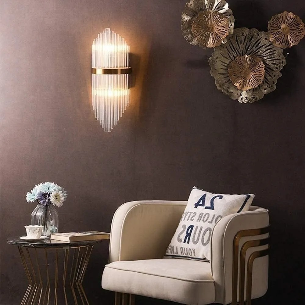 Aplică LED Auriu cu Cristale – 24W, 2 Surse de Iluminare, 3 Tonuri de Lumină, 46×20×10 cm