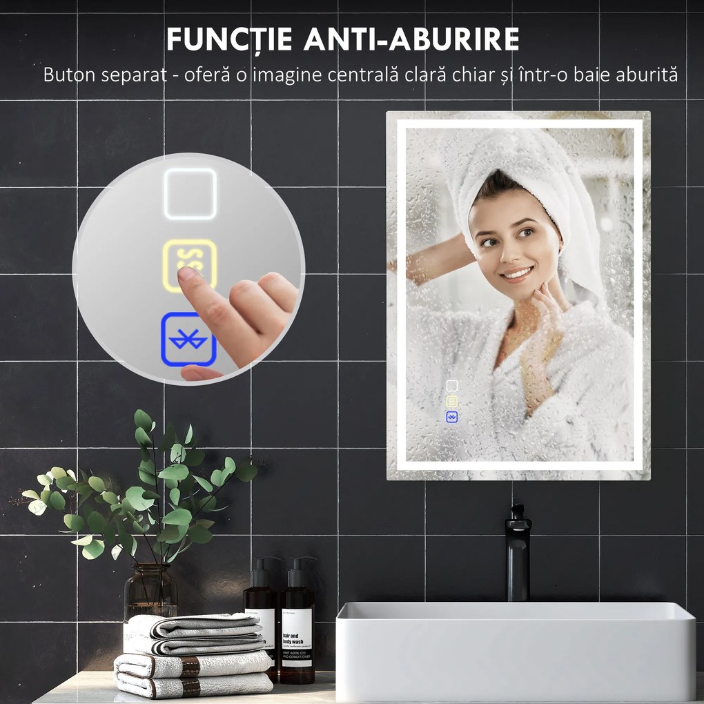 HOMCOM Oglindă Baie Antiaburire cu Lumină LED și Difuzor Bluetooth 50x70 cm | Aosom Romania