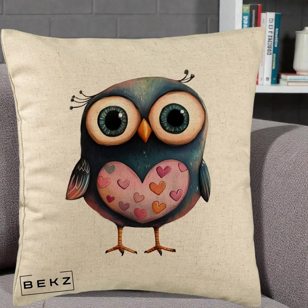 Perna Decorativa Bufnita cu Inimioare Roz, 40x40 cm, Bej, Husa Detasabila, Perna Inclusa, BEKZ®