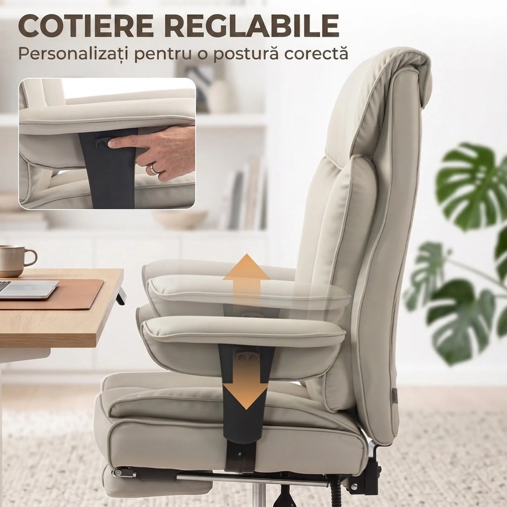 HOMCOM Scaun de Birou Rotativ Rabatabil 135°, Piele Ecologică, Suport pentru Picioare, Cotiere și Înălțime Reglabile, Gri Deschis | Aosom Romania