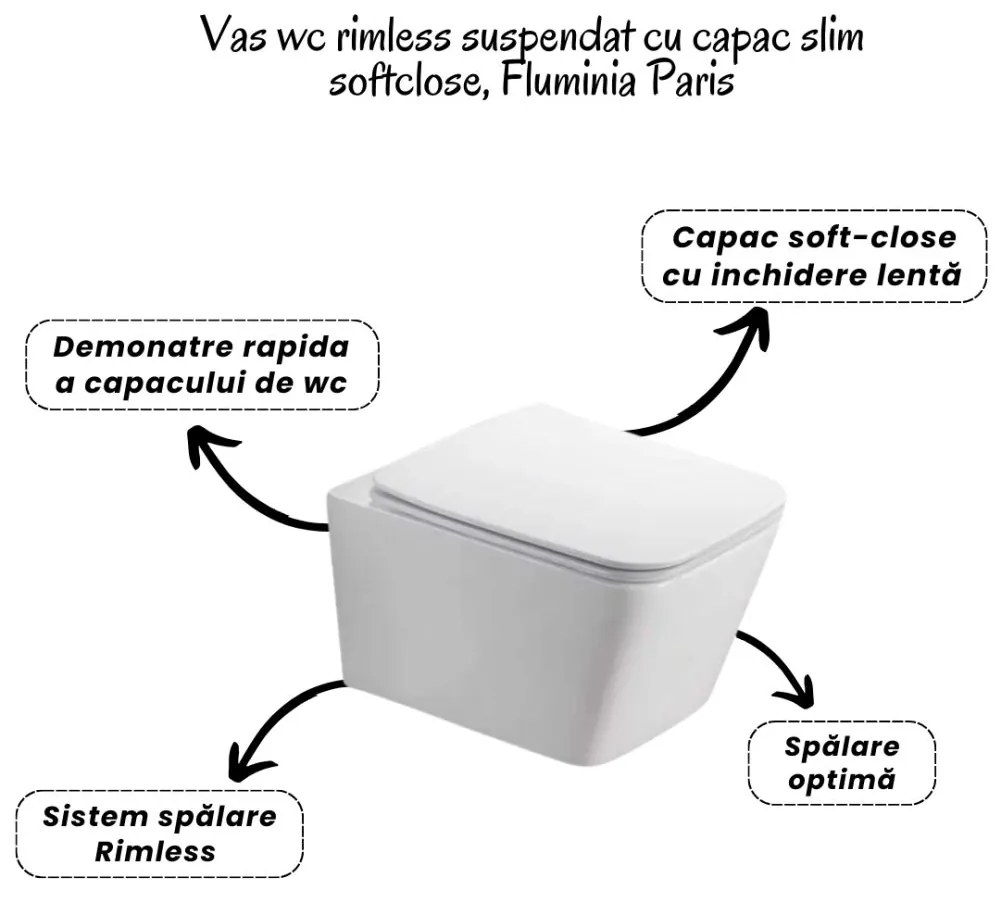 Set vas wc rimless cu capac soft close Fluminia Paris, rezervor incastrat si clapeta crom lucios Alcaplast