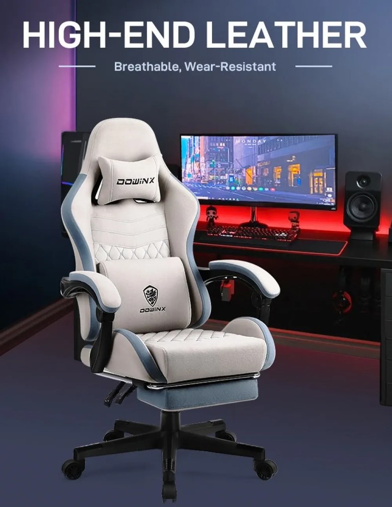 DOWINX Scaun gaming, ergonomic, suport lombar cu masaj, spătar înalt, reglabil, tetieră, rezistent 150 kg, suport pentru picioare, Ivory